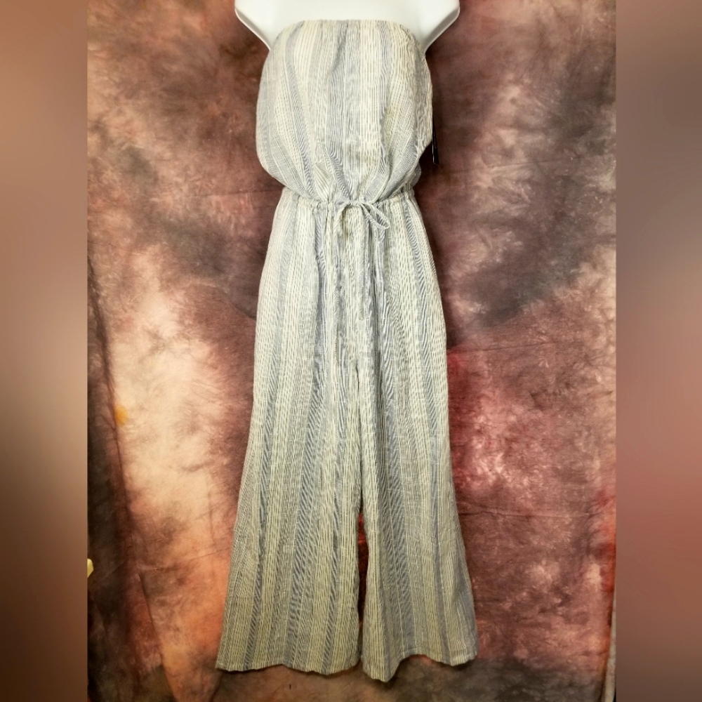 Lulus medium cream and thin blue striped jumpsuit